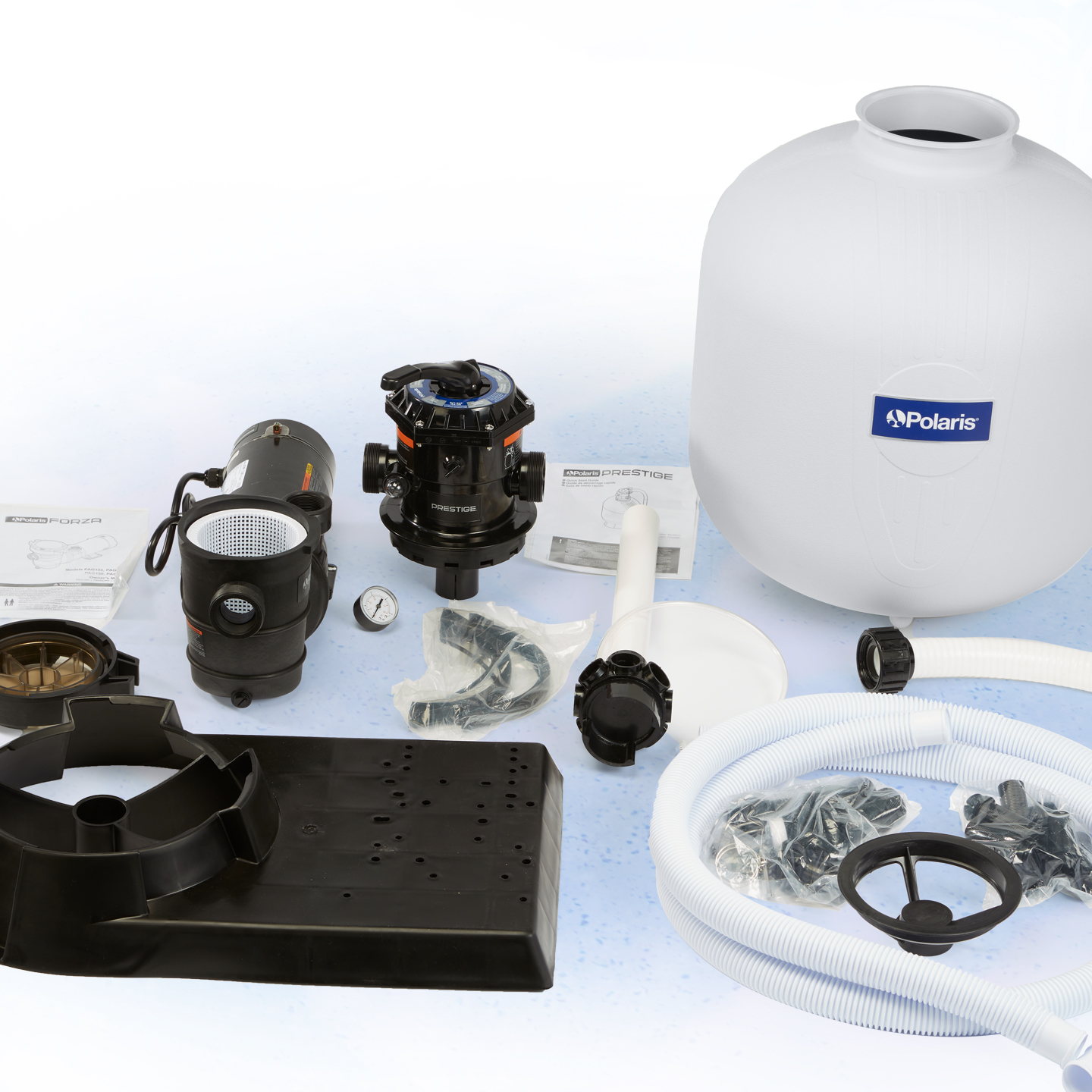 Prestige Sand Filter with Forza Pump, top mount multiport valve, system base, and all hoses with adapters